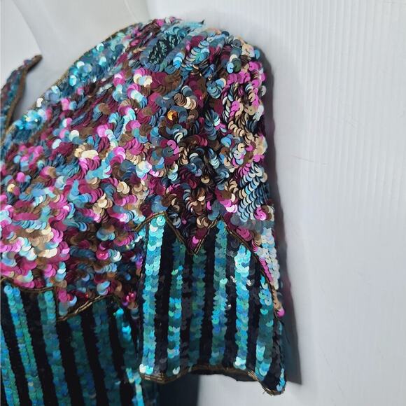 Vintage 80's La Scala Beaded Sequined Evening Dress Silk Party M Striped Glam - Picture 3 of 16
